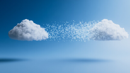 Two fluffy clouds, separated by a stream of particles, float against a serene gradient blue backdrop. A symbolic illustration of connection, change, or data transfer.
