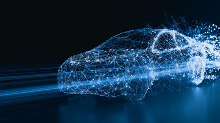 A cutting-edge concept showcases the futuristic essence of automotive innovation. A digital car, visualized through a network of interconnected points and lines.