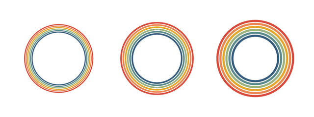 Groovy 70s round frames with rainbow borders. Psychedelic retro circular designs perfect for posters, text, and vibrant vintage graphics in funky 1970s style.