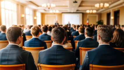 Fototapeta premium Businessmen sitting in a conference room with a projector screen in the background, attending a presentation or meeting event
