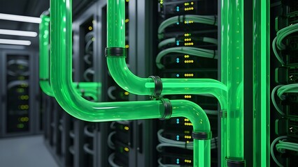 Green liquid cooling pipes integrated with server racks in a data center