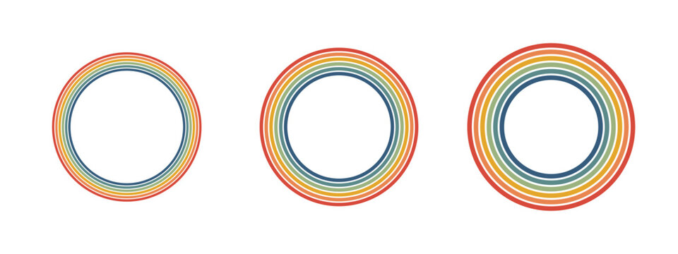 Groovy 70s round frames with rainbow borders. Psychedelic retro circular designs perfect for posters, text, and vibrant vintage graphics in funky 1970s style.