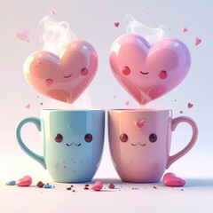 ** Cute Kawaii Coffee Mugs with Heart-Shaped Steam and Adorable Expressions for Sweet Moments
