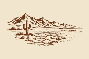 Desert landscape with cactus vintage sketch vector illustration © Victoria