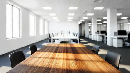 A large wooden conference table with black chairs in a modern office space with white walls and columns