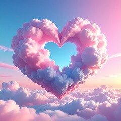 Pink Heart Shaped Clouds Floating in Blue Sky with Sunlight and Fluffy Cloud Background