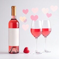 Romantic setting with a bottle of ros wine two glasses and heart shaped decor elements