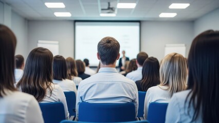 Obraz premium Audience attending a business presentation or seminar in a conference room with a projector screen visible