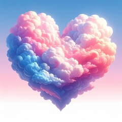 Heart shaped colorful clouds in gradient sky with shades of pink and blue