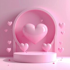 Pink Heart Sculptures Surrounded by Smaller Hearts in a Soft Pink Display Setting