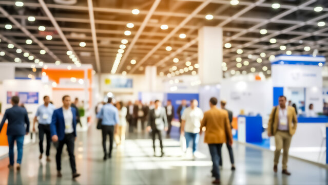 Blurry image of people walking in a large exhibition hall with booths and lights on the ceiling in a convention center