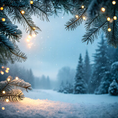 Close-up of snow-dusted pine branches with warm string lights framing a blurred winter forest path