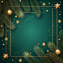 Green christmas background with golden frame fir branches and scattered glitter stars and baubles