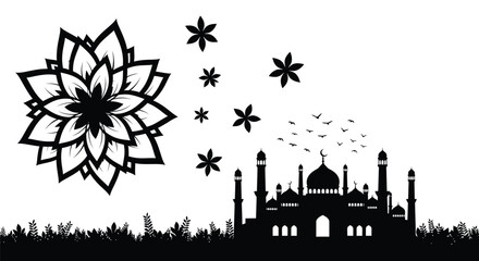 Fototapeta premium Silhouette of a mosque with decorative elements and birds in the sky.
