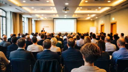 Obraz premium A large audience of business professionals sitting in a conference room with a projector screen