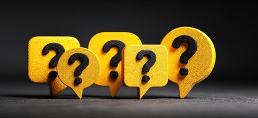 Yellow speech bubbles with black question marks against a dark background