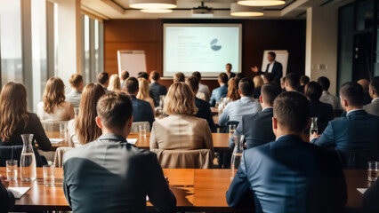 Obraz premium Business professionals sitting at a conference table listening to a presentation in a modern office setting with a projector screen
