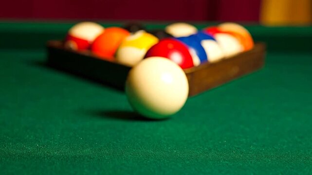 Close-up of a pool table with a rack of numbered pool balls and an individual cue ball