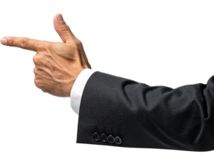 Businessman's arm in a black suit pointing with the index finger Isolated on transparent or white, Cut out