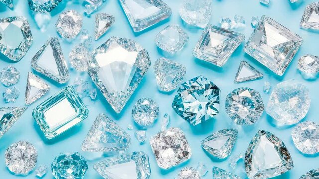 Luminous collection of multifaceted gemstones scattered across serene aquamarine surface, showcasing their internal fire and brilliance