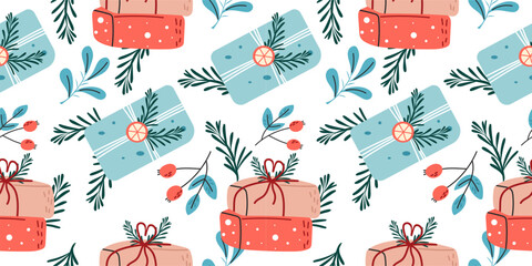 Seamless vector hand drawn pattern with gift boxes and winter plants.