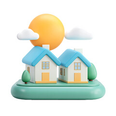 Fototapeta premium Cute 3D illustration of two small residential houses with sun and clouds on green land isolated on transparent background