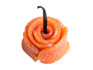 Salmon sashimi rose garnished with vanilla pod