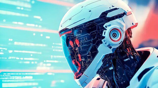 Profile of advanced androids head with intricate internal circuitry visible beneath translucent blue visor, set against blurred backdrop of glowing digital data streams