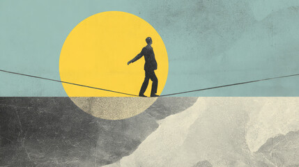 Man silhouette balance tightrope retro collage minimal sun man silhouette balance tightrope retro collage minimal sun abstract risk business cliff danger challenge concept sky yellow blue texture