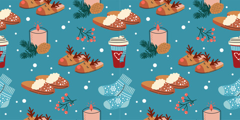 Seamless vector winter pattern with slippers, candles and socks 
