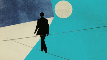 Surreal businessman silhouette walking tightrope under sun abstract minimal collage, balancing risk and opportunity, modern concept of uncertainty and decision challenge