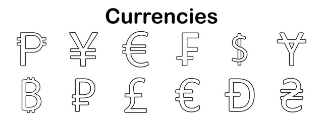 Currencies set icon. Line style monetary symbols for global and digital currencies including dollar, euro, yen, pound, bitcoin, ruble, franc, and others