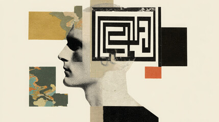 Human profile maze collage minimalism abstract head maze human profile retro art composition surreal concept psychology mind puzzle introspection thought modern design
