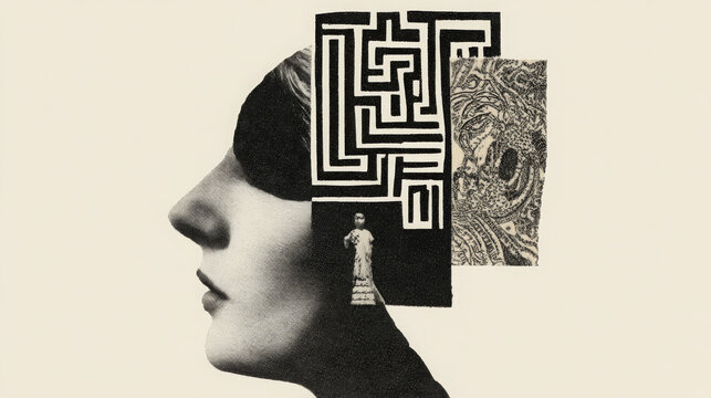Surreal portrait profile human face silhouette mind maze concept abstract collage art vintage retro style minimal design psychological metaphor creative imagination mental health inner world