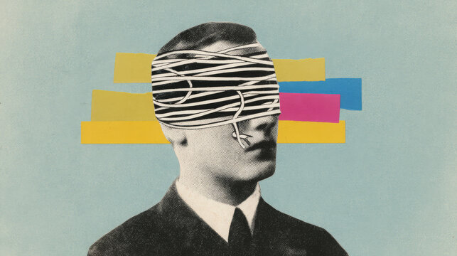 Surreal collage portrait anxiety concept with blindfold confusion thought knot key head question identity introspection retro style, emotional metaphor for mental health struggle and uncertainty