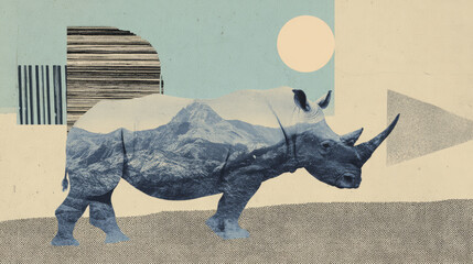 Rhino mountain double exposure surreal collage abstract minimal landscape nature rhino double exposure mountain landscape surreal collage bright sun with gentle retro texture and calm creative mood