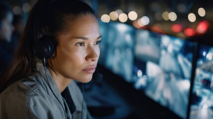 Focused and determined, a woman observes live city traffic feeds on multiple screens. The glow of the monitors reflects her dedication in a busy control center, ensuring smooth transport flow