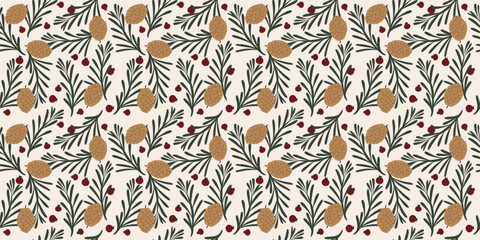 Winter seamless vector pattern with berries, fir tree branches, cones.