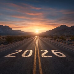 Stunning scenic highway leading towards mountains and sunset sky