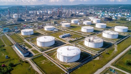 Aerial view of oil refinery with storage tanks and structures.