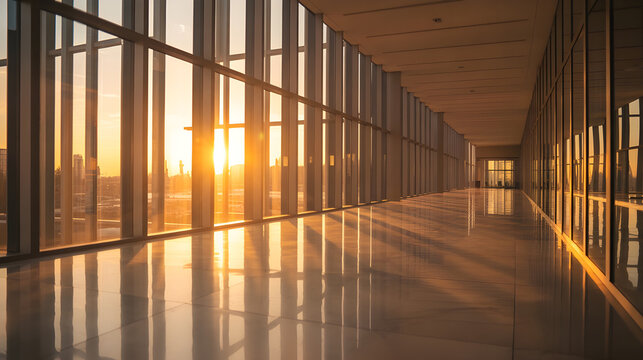 Modern architectural interior at sunrise: a sleek glass-walled corridor in a contemporary office building, floor-to-ceiling windows reflecting warm golden sunlight, long clean lines