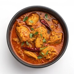 Authentic Andhra Style Chicken Curry, Overhead View, Spicy Andhra Chicken Curry Served in Dark Bowl.