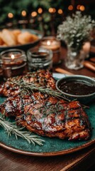 Fototapeta premium Gourmet plated dish with premium sauces and condiments, editorial food photography in 2026 trend colors, luxury culinary cover image