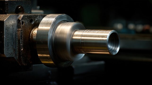 mandrel. A conical metal lathe mandrel rotating with an unfinished tube sleeve fitted over it. safety posters, maintenance manuals, designed for precision metalworking and fabrication facilities.