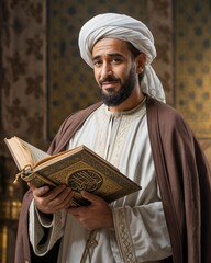 A man wearing a traditional turban and robe smiles gently while holding an open book with Arabic script.