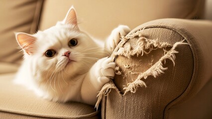 Cute White Cat Scratching and Damaging Sofa Furniture at Home