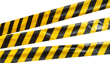 Two strips of wrinkled yellow and black striped caution tape for restricted areas Isolated on transparent or white, Cut out