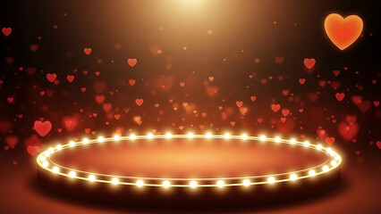 Glowing heart shaped light installation with red hearts