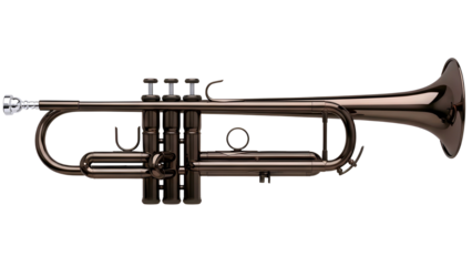 A black trumpet with three valves isolated on transparent background