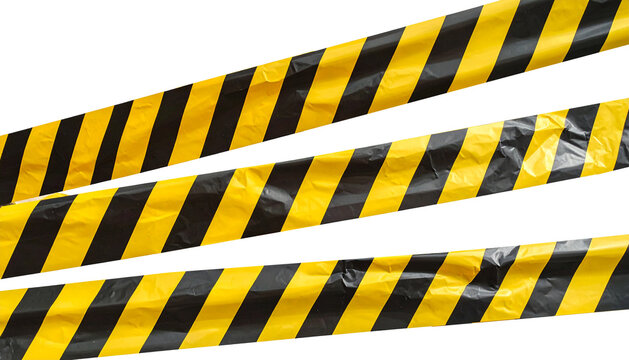 Two strips of wrinkled yellow and black striped caution tape for restricted areas Isolated on transparent or white, Cut out